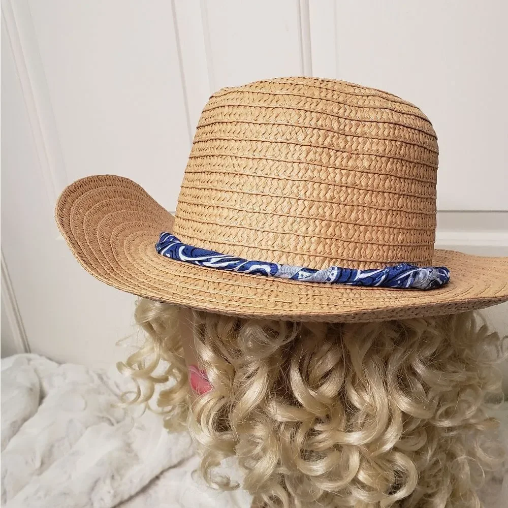 Paper Sun Hat w/Blue and White Hat Band